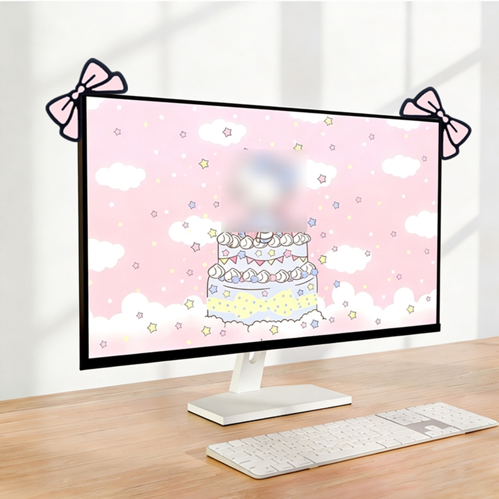 Desk Setup With Laptop And Monitor - Decorazione per Monitor con Fiocco Rosa,
