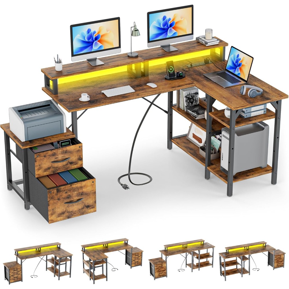 Desk Setup L Shaped - Scrivania da Ufficio con Cassetti Portadocumenti
